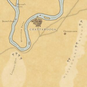 A map of Chattanooga, at the time of its siege in 1863. The map indicates the relative positions of the railroads, the nearby elevations of Lookout Mountain and Missionary Ridge, as well as the Confederate forces surrounding the city (represented by small cannon icons).